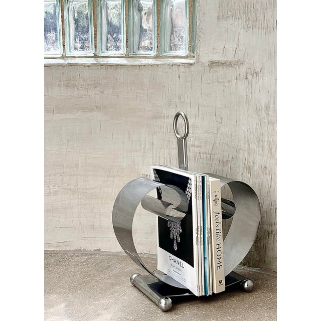Rare Vintage Art Deco, Machine Age Polished Chrome Magazine Rack Designed by Fred Farr for Revere Copper & Brass Company,...