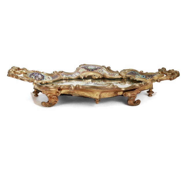 Large Antique French Gilt Bronze & Champlevé Enamel Mirrored Plateau or Tray For Sale - Image 10 of 18