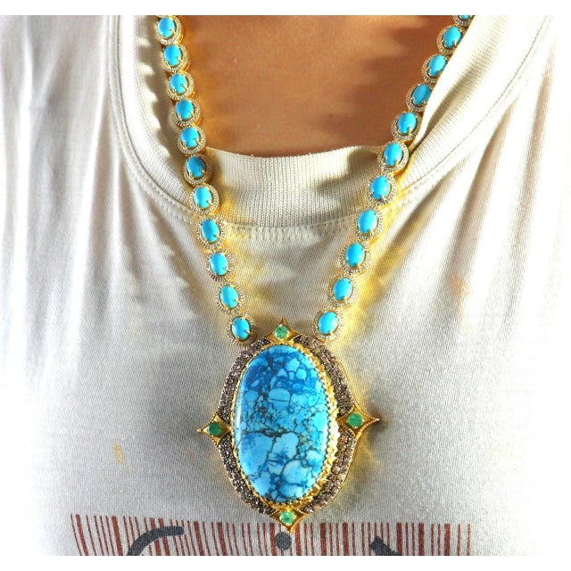 Bochic "Capri" Diamonds, Emeralds & Turquoise Necklace Set in 18K & Silver Natural Diamonds - 6 carats Natural Emerald - 2...