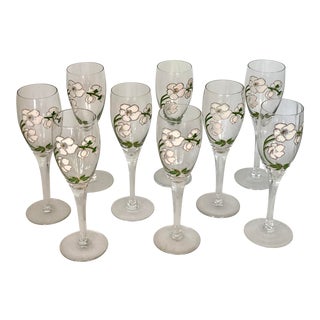 Mid-Century Modern 1960’s Perrier Jouet Hand-Painted Champagne Flutes - Set of 9 For Sale