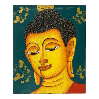 Vintage HandPainted Artistic Buddha Head Wood Plaque Art For Sale