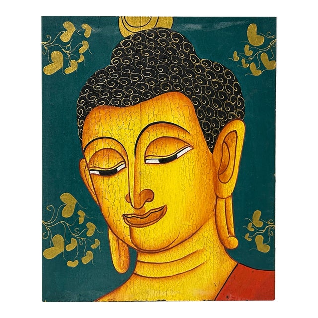 Vintage HandPainted Artistic Buddha Head Wood Plaque Art For Sale