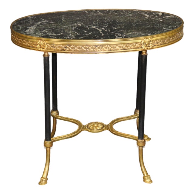 1940's French Marble Top Bronze Ormolu Mounted End Table Manner of Weisweiller For Sale