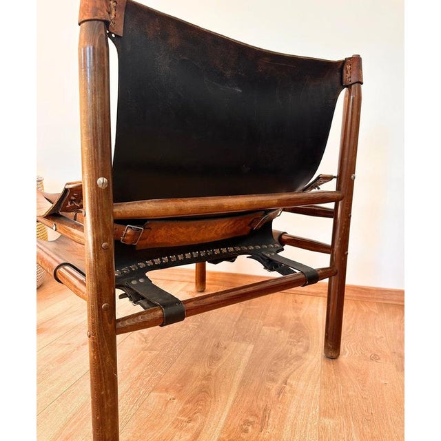 Brown Vintage Buffalo Leather Safari Armchair in Oak Frame, 1970s, Set of 2 For Sale - Image 8 of 9