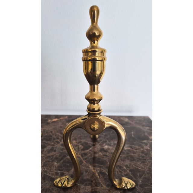 Italian Pair of Handmade Italian Solid Brass Fireplace Andirons For Sale - Image 3 of 7