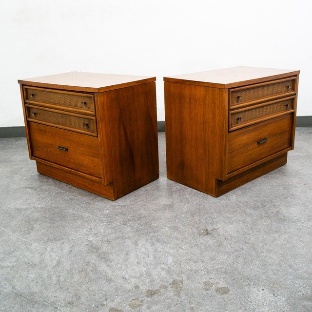 Mid Century Modern Nightstands End Side Tables Cane Wood Oak Founders 2 Drawer, Pair For Sale - Image 10 of 12