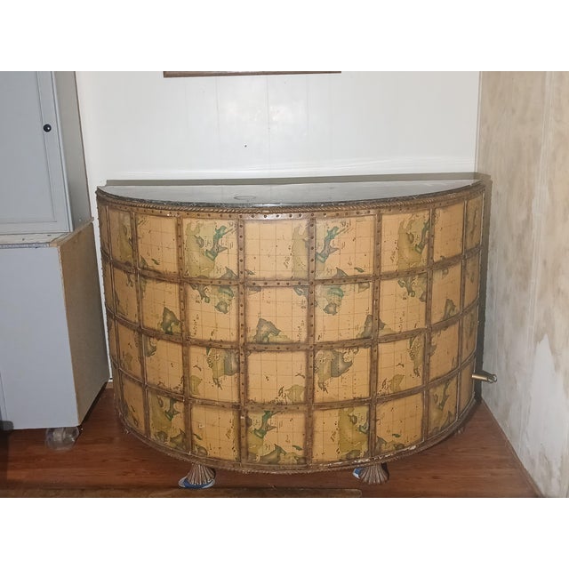 1950s Vintage Brass Marble Wood and Leather World Map Large Half Circle Dry Bar For Sale - Image 16 of 18