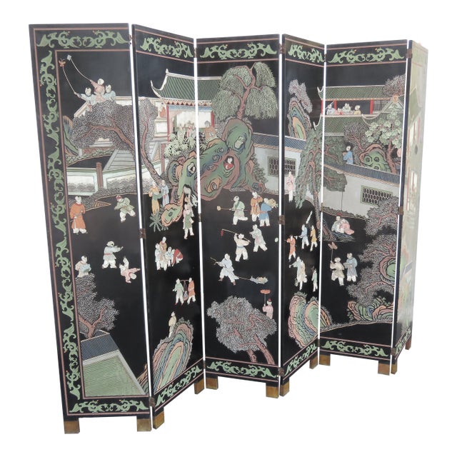 Asian Oriental Tall Six Panel Hand Painted Privacy Screen Room Divider 6439 For Sale