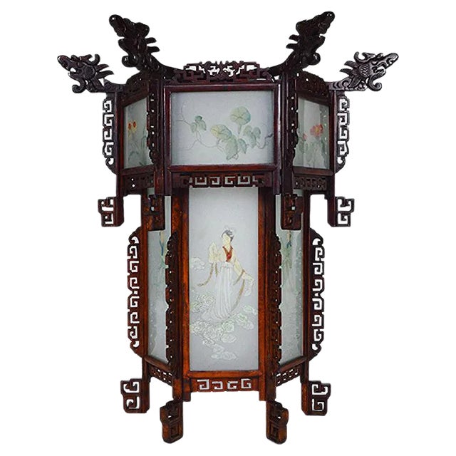 Large Antique Asian Carved Wood Lantern with Dragons & Painted Glass Panels, 1900s For Sale