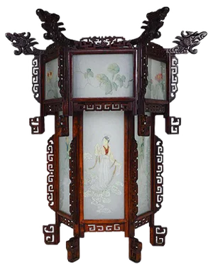 Large Antique Asian Carved Wood Lantern with Dragons & Painted Glass Panels, 1900s