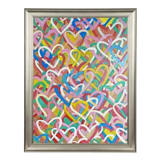 Colorful Heart Painting Original Art Love Wall Art Abstract Hearts Canvas Romantic Pop Art Decor Framed Acrylic Oil Paint by Tatiana Duperault For Sale
