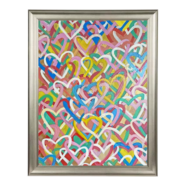 Colorful Heart Painting Original Art Love Wall Art Abstract Hearts Canvas Romantic Pop Art Decor Framed Acrylic Oil Paint by Tatiana Duperault For Sale