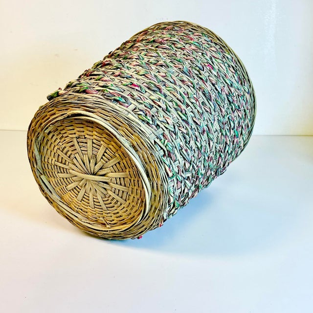 1970s Vintage Boho Chic Coastal Colorful Dyed Wicker Wastebasket. For Sale - Image 9 of 12