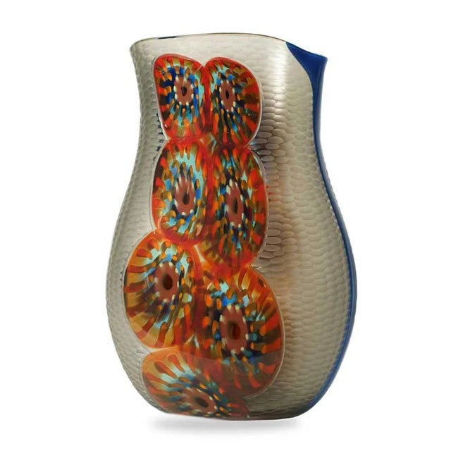 Unique blown glass vase with several techniques involved submerged murrine and Battuto. Rare and precious. Fume grey and...