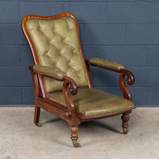 Antique English Mahogany Reclining Armchair with Green Leather Upholstery, 19th Century For Sale - Image 11 of 18