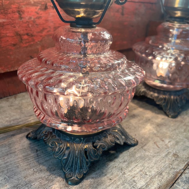 Pair of Vintage Pink Glass Hobnail Electric Lamps With Ornate Metal Bases - 10" High For Sale - Image 13 of 15