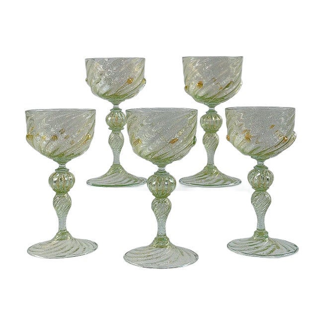 Green Mid 20th Century Venetian Salviati Attributed Green Gold Flecked Stemware - Set of 5 For Sale - Image 8 of 9