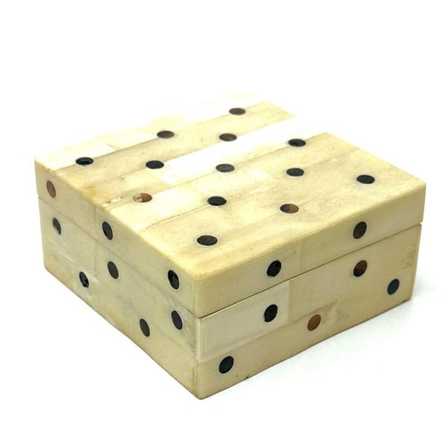 This is a rare, delicate bone inlay and onyx square jewelry box or trinket box. This gorgeous postmodern ivory box...