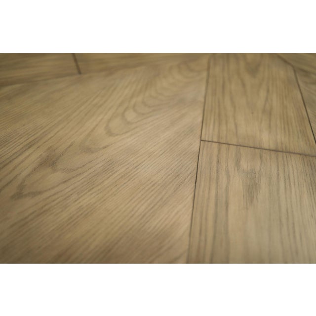 Wood 64"-84" Round Transitional Gray Oak Jupe Table With Hammered Iron Pedestal Base. For Sale - Image 7 of 9