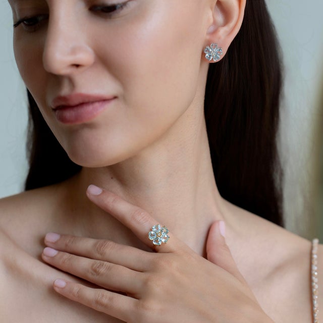 Nina Zhou Aquamarine Diamond Cherry Blossom Ring in 14k Yellow Gold, Size 6 For Sale - Image 9 of 11