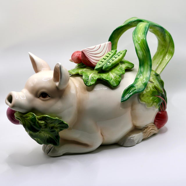French Country Vintage Fitz & Floyd "French Market" Ceramic Pig Teapot – Whimsical Country Majolica Style For Sale - Image 3 of 14