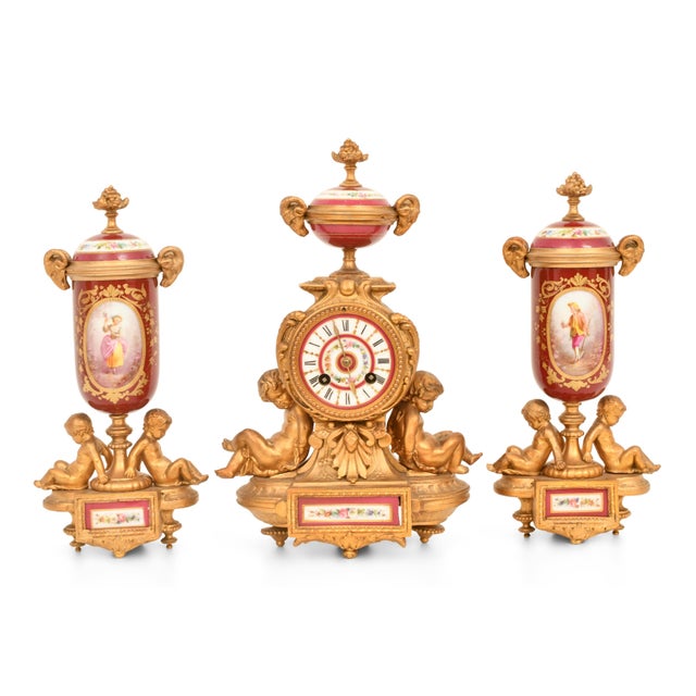 Antique French Gilt Bronze & Porcelain Three-Piece Figural Clock Garniture For Sale - Image 13 of 13