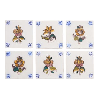 Set of 6 Portuguese Hand Painted Botanical Faience Tiles in the Dutch Taste by Fábrica Sant'Anna, 1995 For Sale