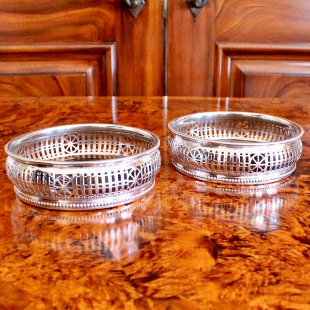 Pair of English Silver Plate Fretwork Wine Bottle Coasters For Sale - Image 6 of 11