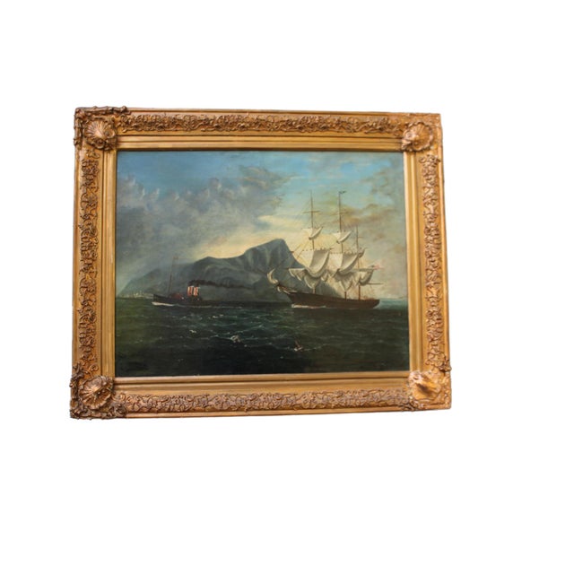 American Sailing Vessel Off Gibraltar, Early 20th Century, Oil Painting on Canvas, Framed, in Good conditions. Designed...