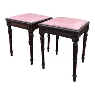 Antique French Pair Foot Stools Small Benches Upholstered Top Stools Oak For Sale