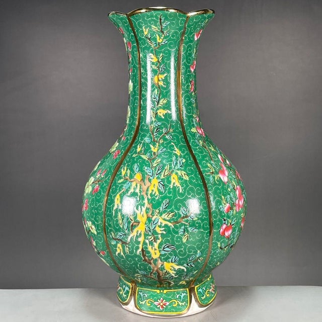 Paint Vintage 1960s Chinese Green Ground Famille Rose "Fruits" Lobed Vase With Original Label For Sale - Image 7 of 9