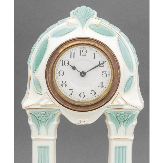 Art Deco German Art Deco Blue & White Ceramic Mantle Clock For Sale - Image 3 of 10