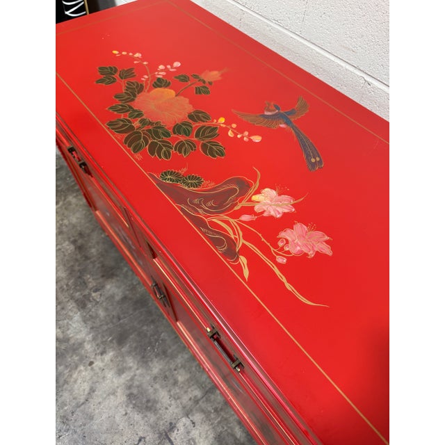 Metal Hand Painted Red Lacquered Chinoiserie Cabinet For Sale - Image 7 of 12