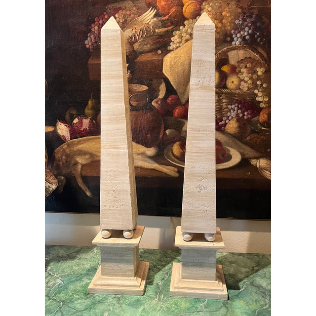 Pair Very Large Mid Century Architectural Painted Wood Obelisks. Tremendous pair of neoclassical style carved wood...