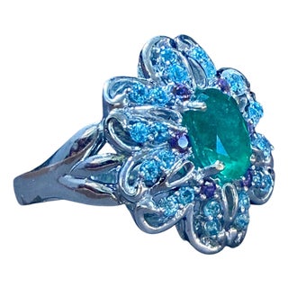 1.5 Carat Natural Oval Cut Emerald Ring With Blue Topaz & Amethyst 14 Karat Gold For Sale