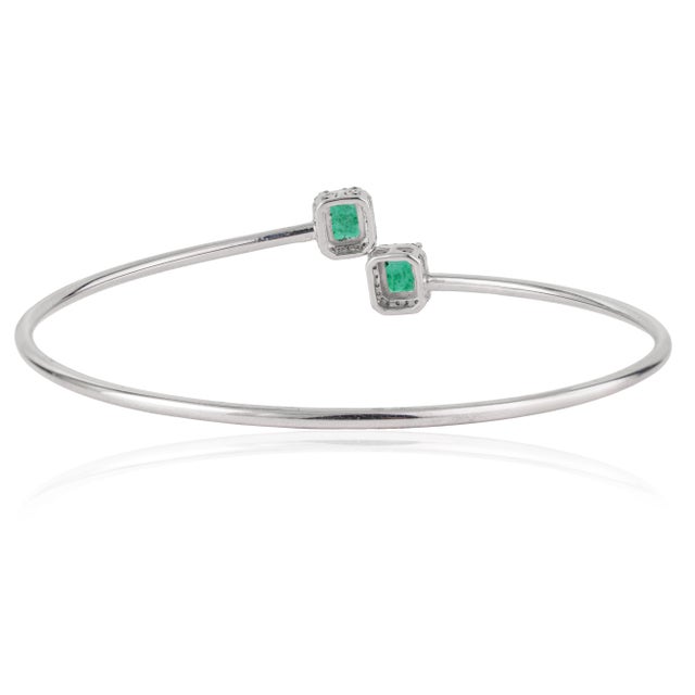 Metal Modernist Emerald & Diamond Toi Et Moi Open Cuff Bangle, May Birthstone Gift For Sale - Image 7 of 12