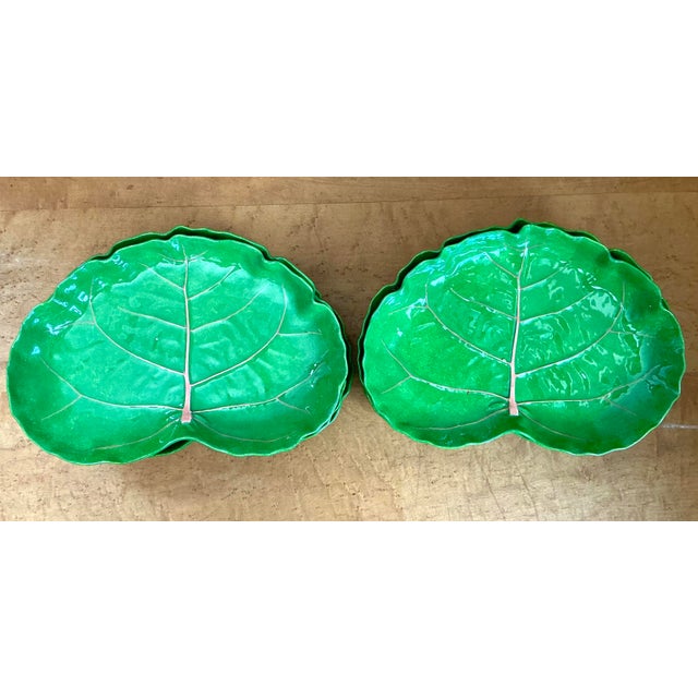 Vintage Glazed Ceramic Cabbage Leaf Plates - Set of 8 For Sale In West Palm - Image 6 of 12