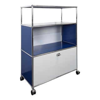 Gentian Blue and White Cabinet with Drop-Down Door on Casters from USM Haller For Sale