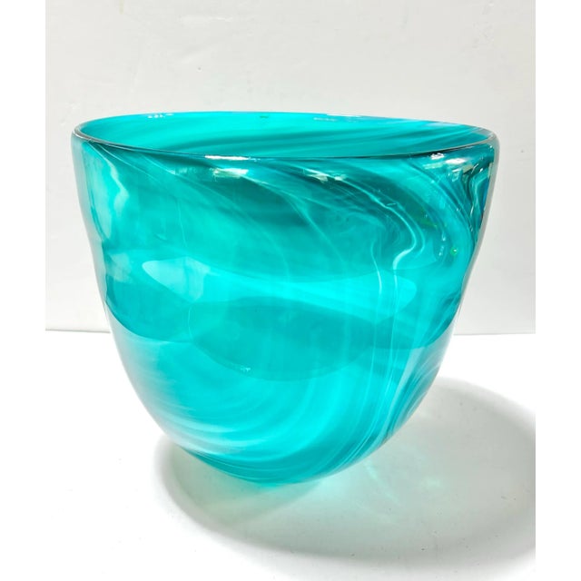 Turquoise Large Hand-Blown Turquoise Swirl Art Glass Bowl or Cachepot For Sale - Image 8 of 8