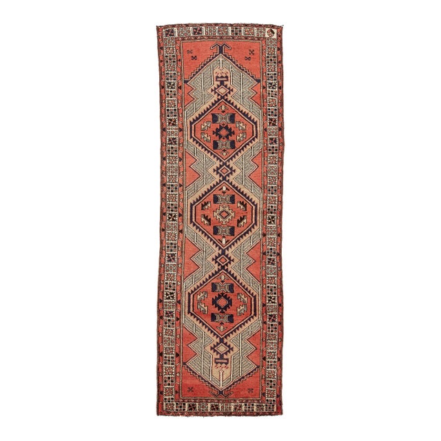 Mid-Century Hand-Knotted Vintage Kurdish Wool Hallway Runner Rug With Geometric Tribal Medallions For Sale