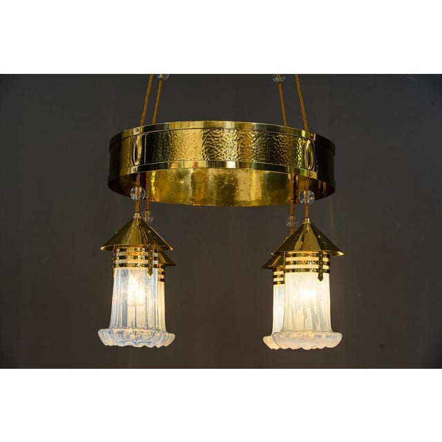 Art Deco Hammered Chandelier with Opaline Glass Shades, Vienna, 1920 For Sale - Image 18 of 18