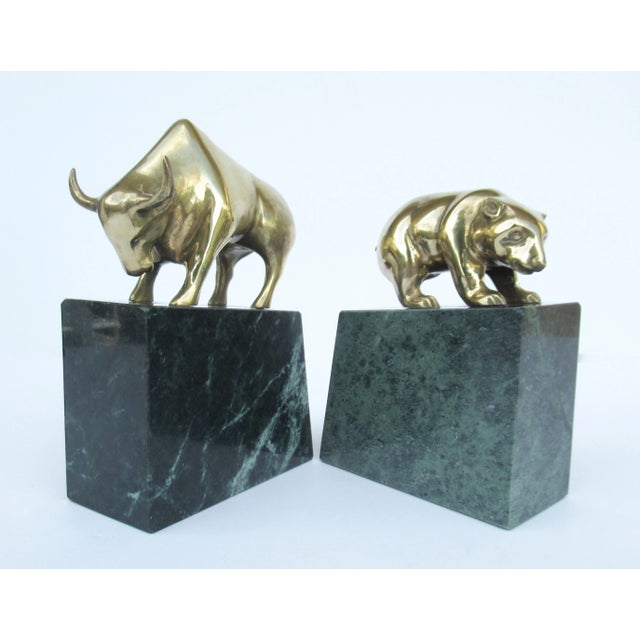Metal Vintage C.1970's Solid Brass Bear & Bull Wallstreet Bookends Mounted on Green Veined Marble Bases For Sale - Image 7 of 13