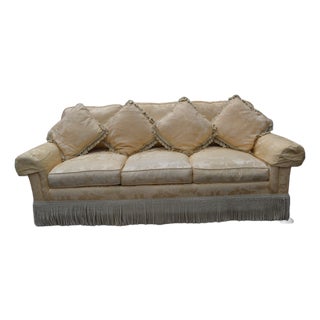 Sherill Yellow Damask Couch W/ Corded Fringed Skirt & Tasseled Throw Pillows For Sale