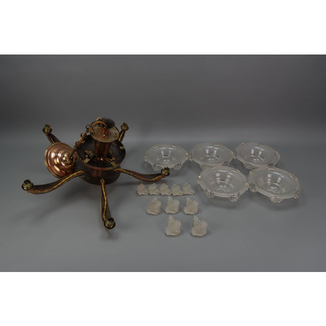 Art Deco French Frosted Glass, Brass, and Copper Chandelier, 1930s For Sale - Image 18 of 18