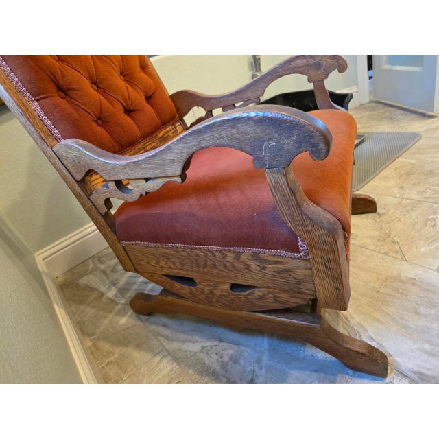 Antique Late Victorian Quarter Sawn Oak Platform Rocker – Tufted Rust Velvet Accent Rocking Chair For Sale - Image 9 of 10