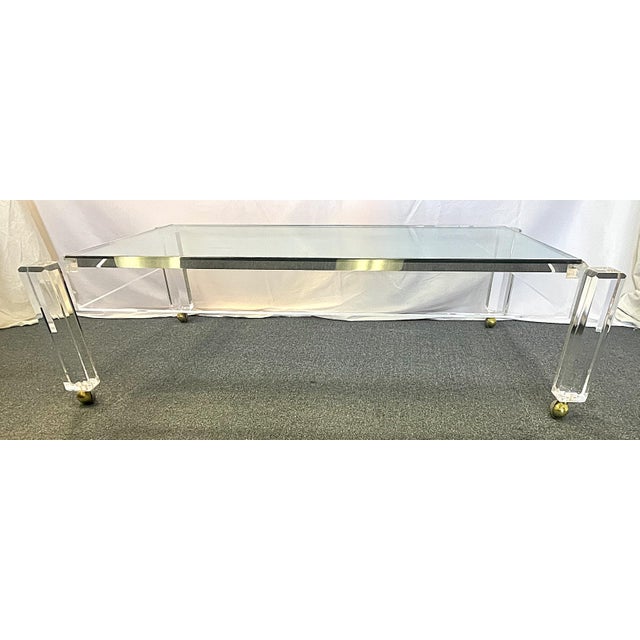 Mid 20th Century 1970's Charles Hollis Jones Style Lucite and Glass Coffee Table on Casters For Sale - Image 5 of 12