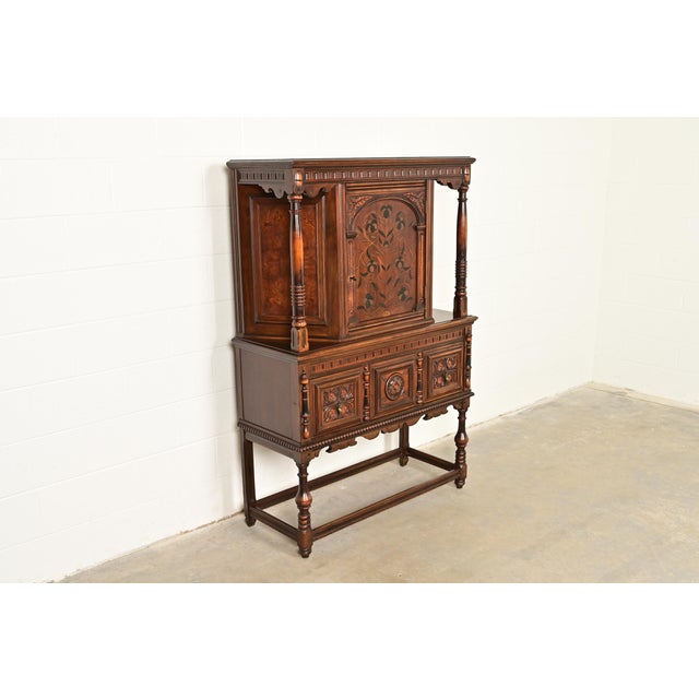 Berkey & Gay Berkey & Gay Antique English Tudor Carved Walnut and Burl Wood Bookcase or Bar Cabinet, Circa 1920s For Sale - Image 4 of 17