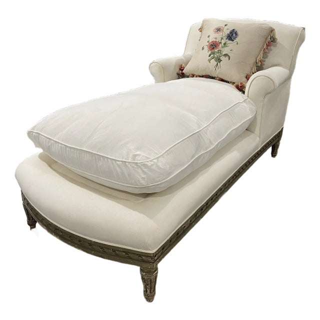 Antique 19th Century French Chaise With Distressed Carved Frame and Ivory Upholstery For Sale