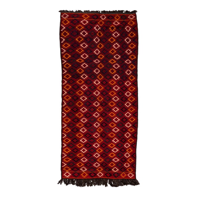 Vintage Kilim Handmade Flatweave Geometric Red Wool Runner For Sale