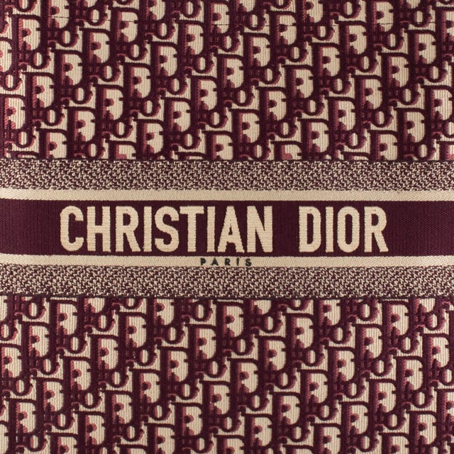 Animal Skin Christian Dior Book Medium Oblique Embroidery Burgundy Canvas Tote Bag For Sale - Image 7 of 8